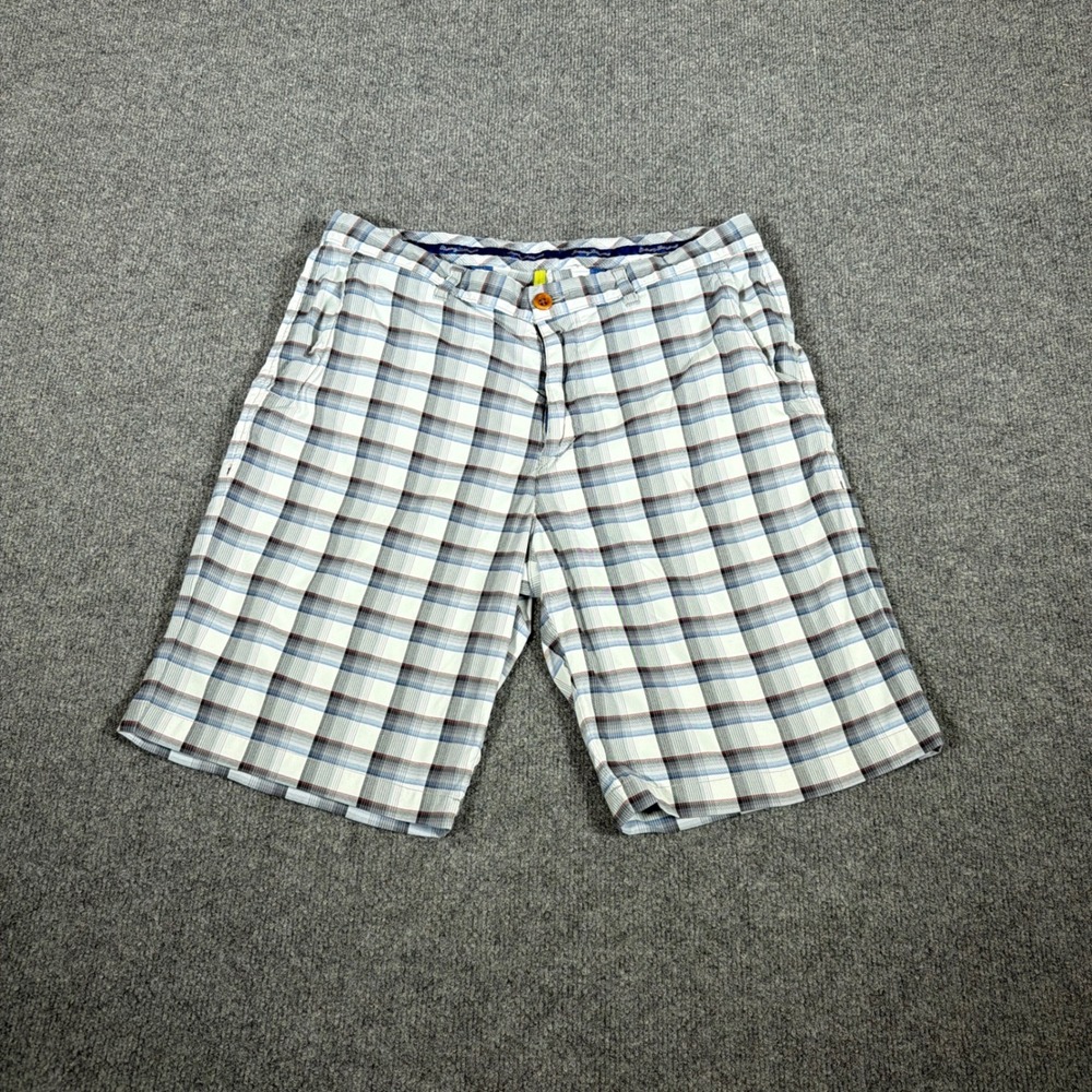 Tommy Bahama Plaid Shorts Mens 33 Blue Gray White Casual Resortwear